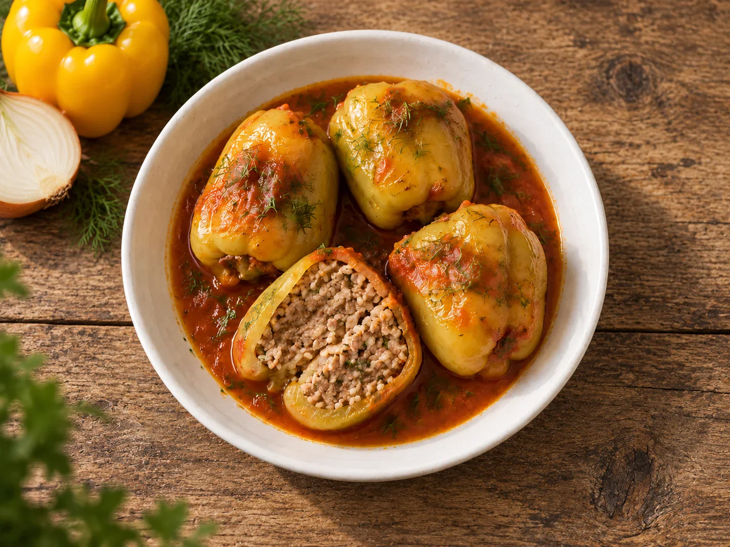 Ardei umpluți cu carne și orez, serviți cu sos de roșii.