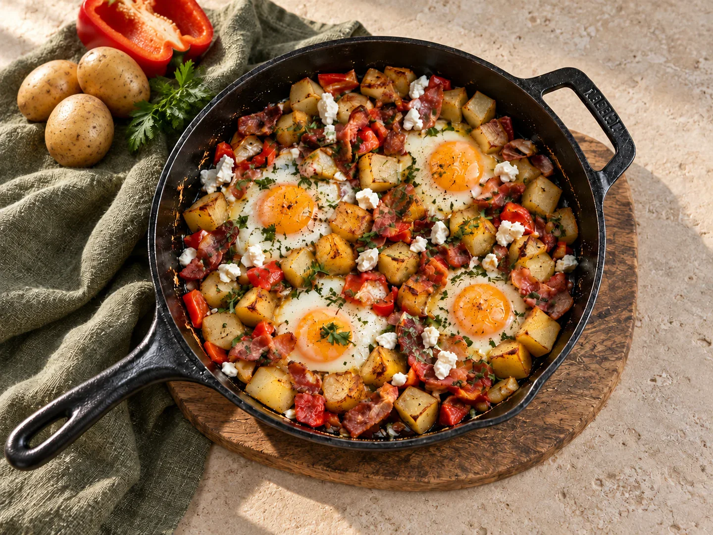 Cartofi rumeniți cu ouă, bacon și feta.
