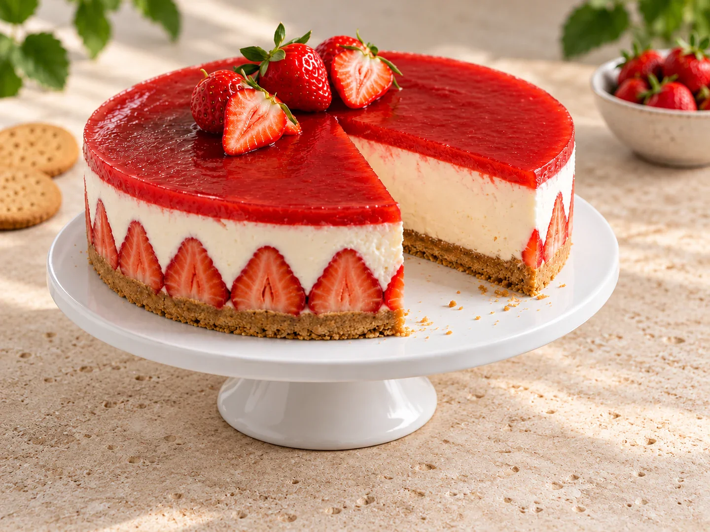 Cheesecake cu căpșuni fără coacere — preparatul final