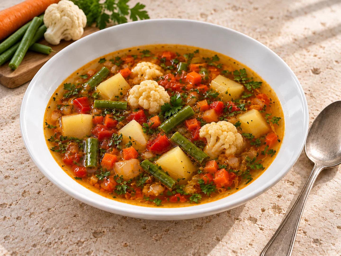 Ciorbă de legume cu borș, conopidă, fasole verde, morcovi și cartofi cuburi.