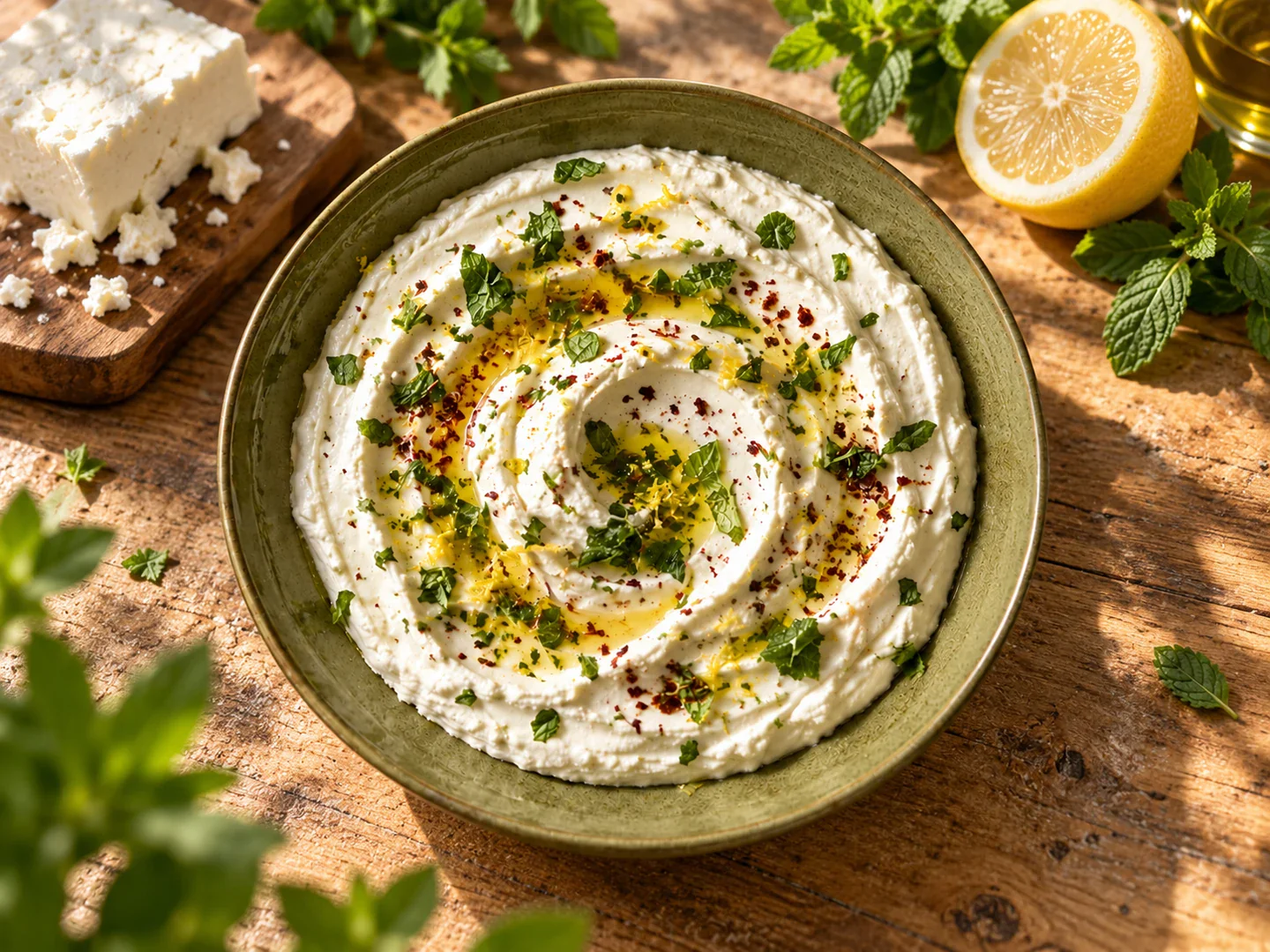 Cremă de feta cu lămâie, verdețuri și fulgi de ardei.