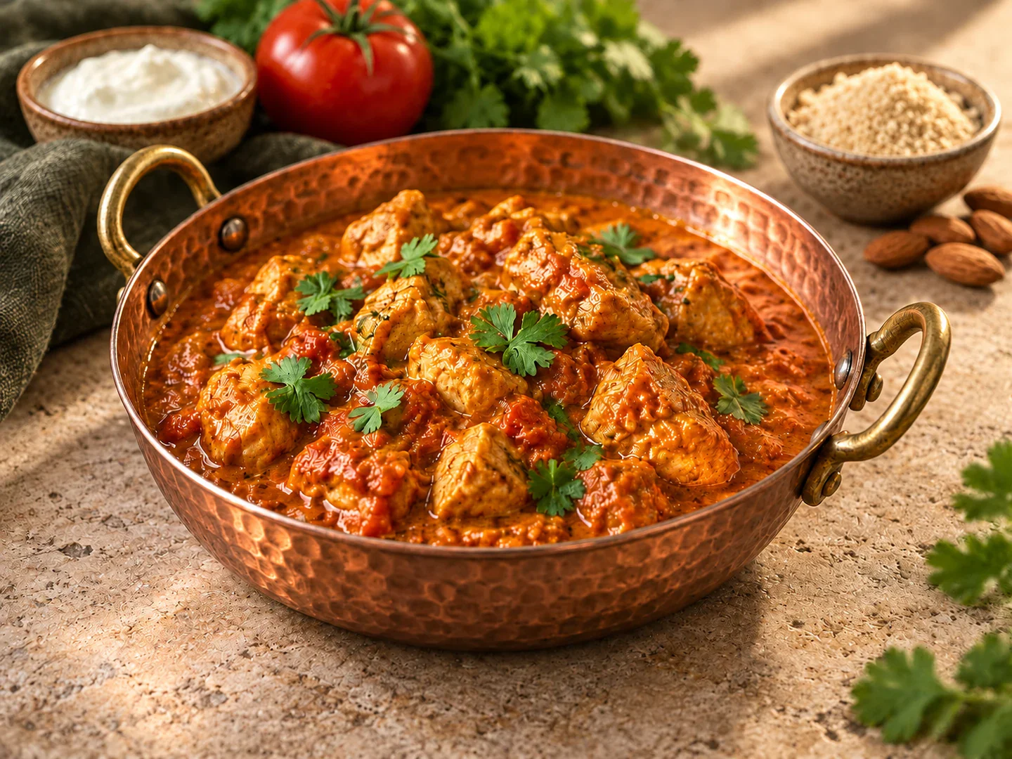 Curry de pui cu sos de roșii, iaurt și migdale măcinate.