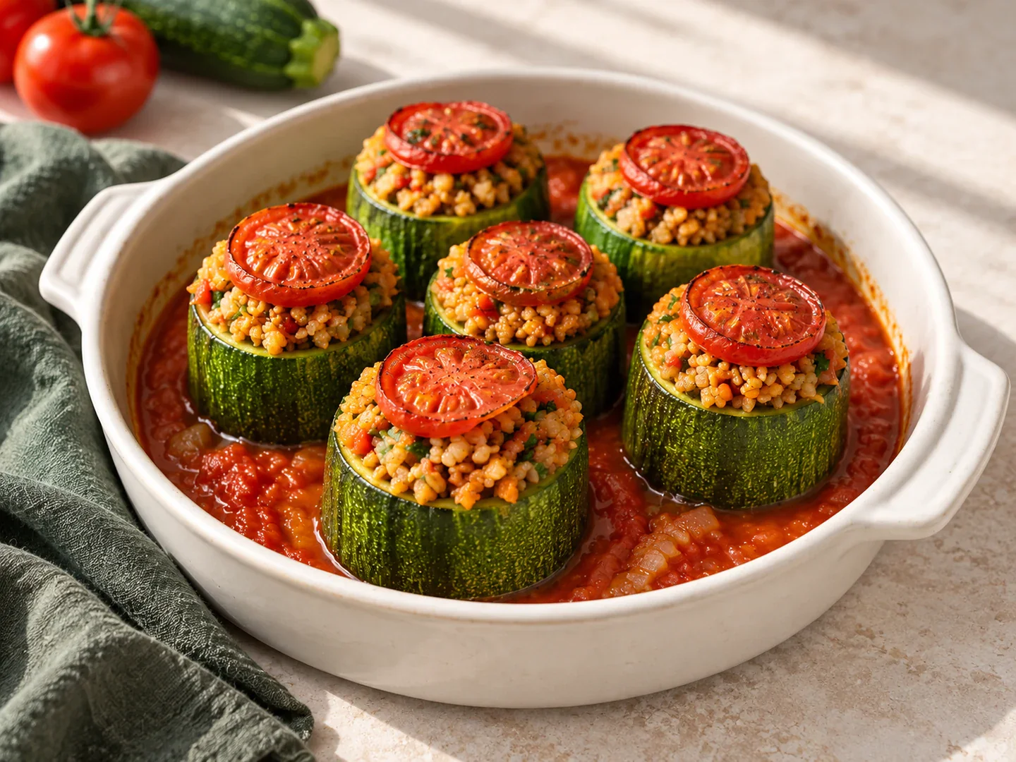 Dovlecei umpluți cu bulgur și legume, copți în sos de roșii.