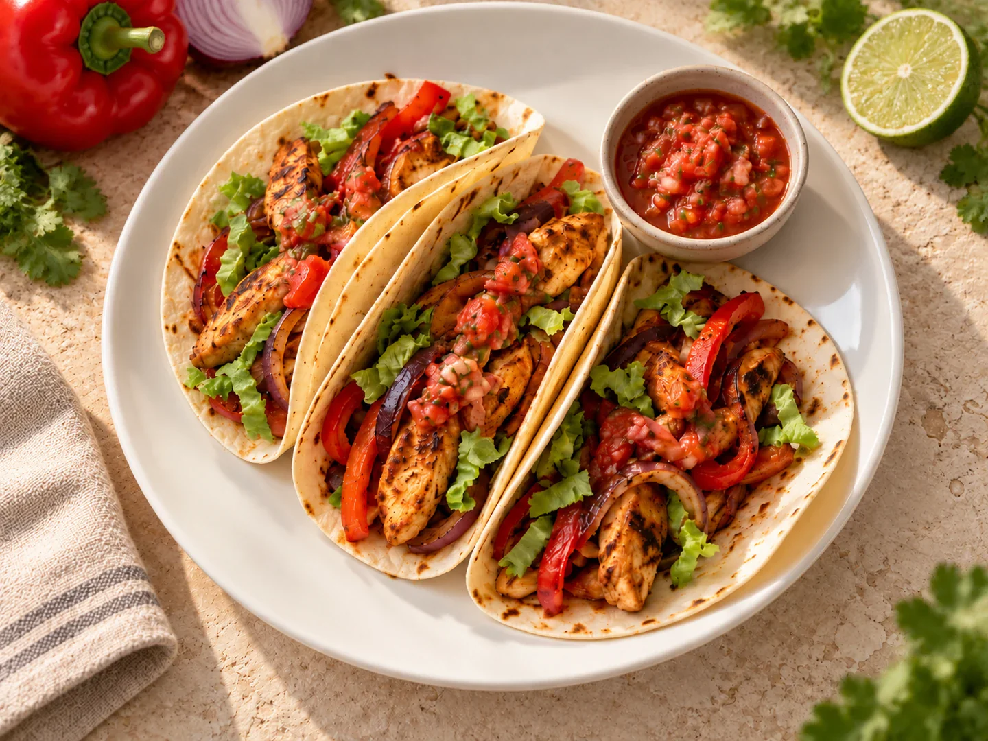 Fajitas cu pui, ardei roșu și ceapă, în lipii.