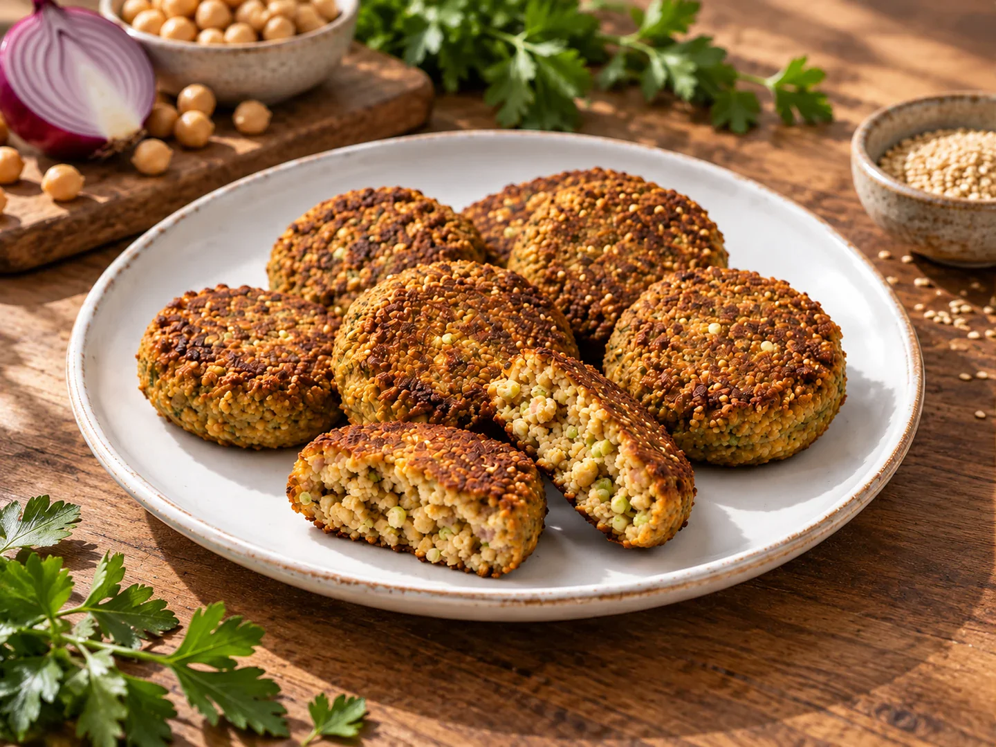 Falafel copt, cu crustă rumenită și pătrunjel.