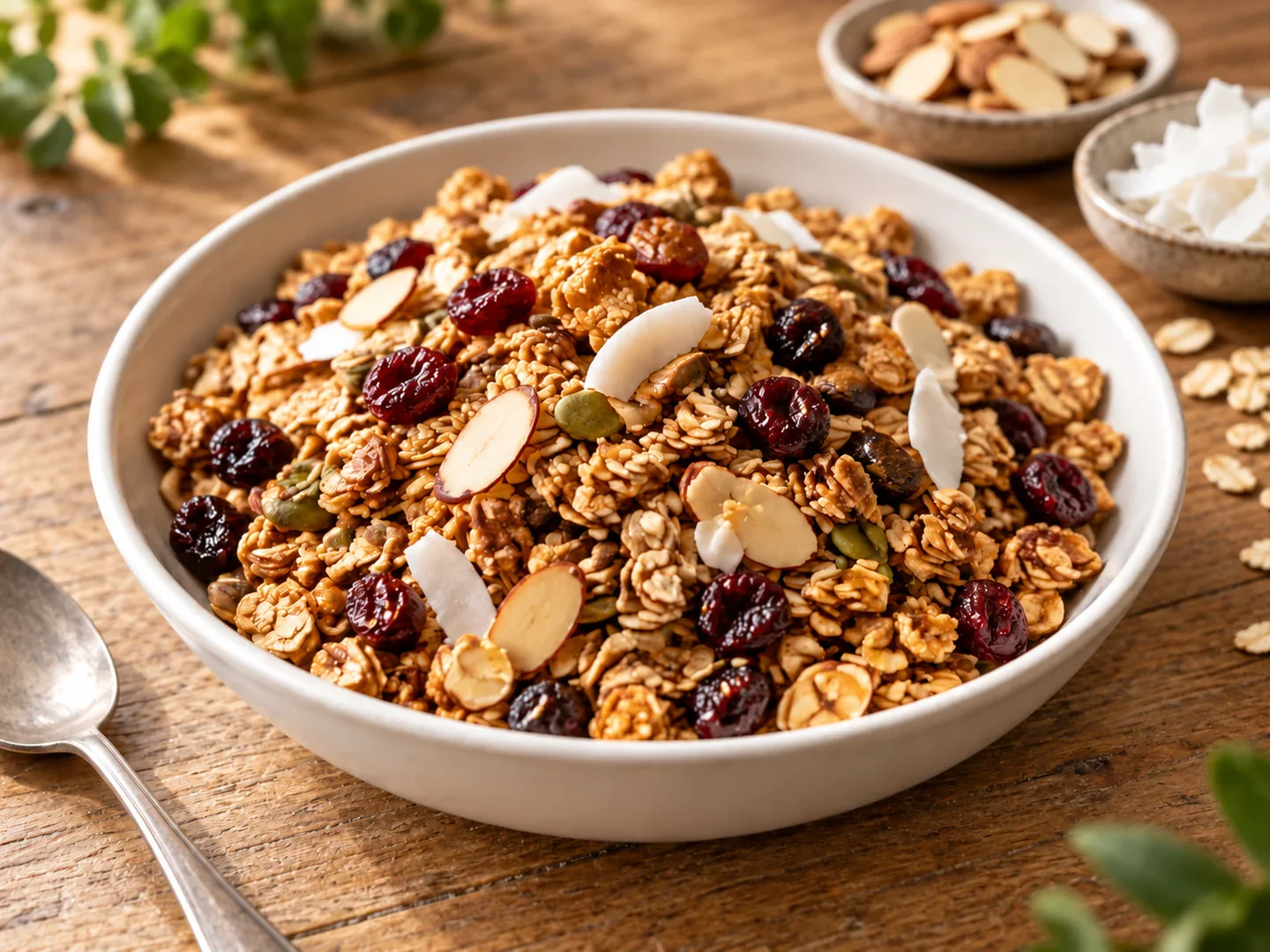 Granola crocantă cu semințe, migdale și cocos.