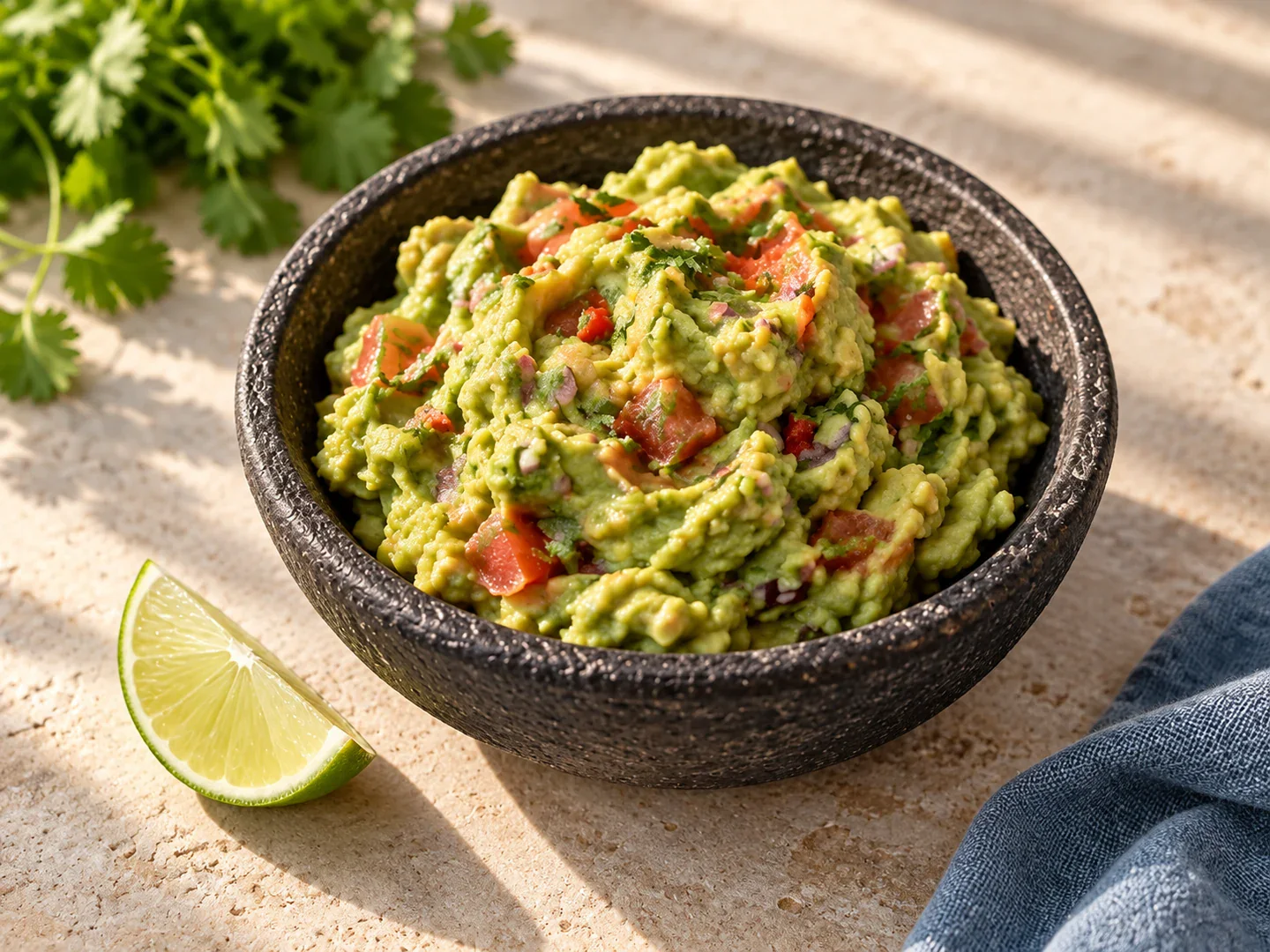 Guacamole cu roșii, ceapă roșie și coriandru.