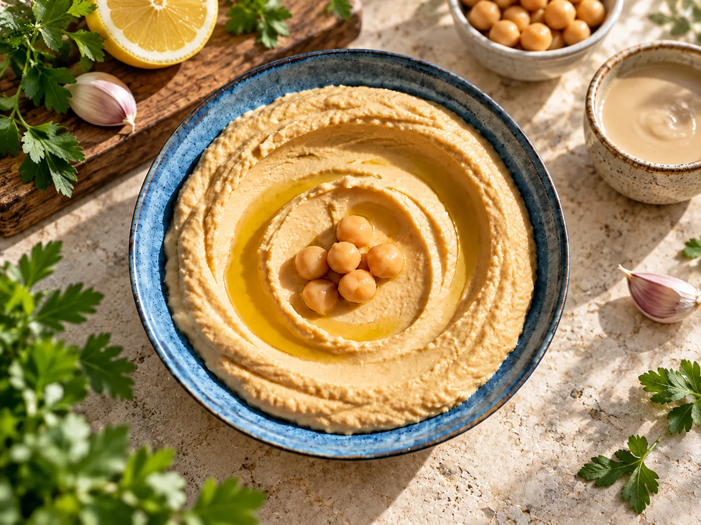 Hummus de năut cu tahini și ulei de măsline.