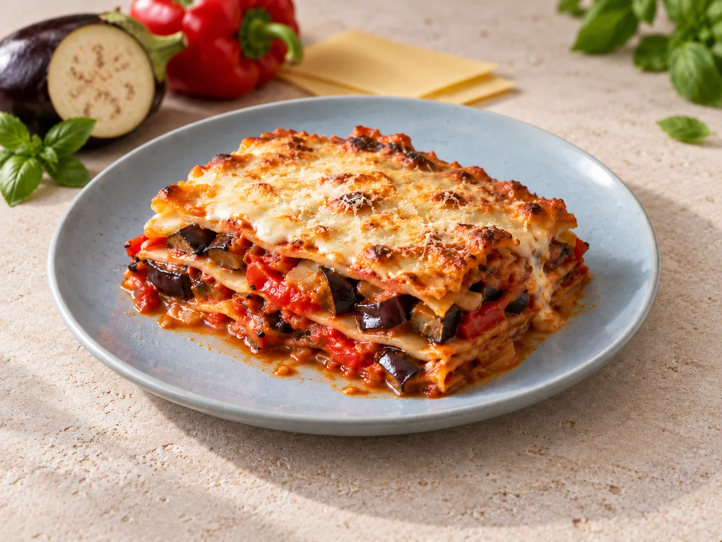 Felie de lasagna cu vinete și ardei copți, cu suprafață gratinată.