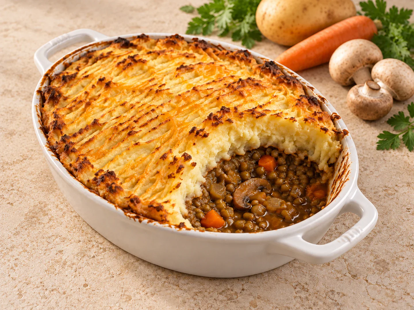 Linte cu legume sub un strat de piure gratinat.