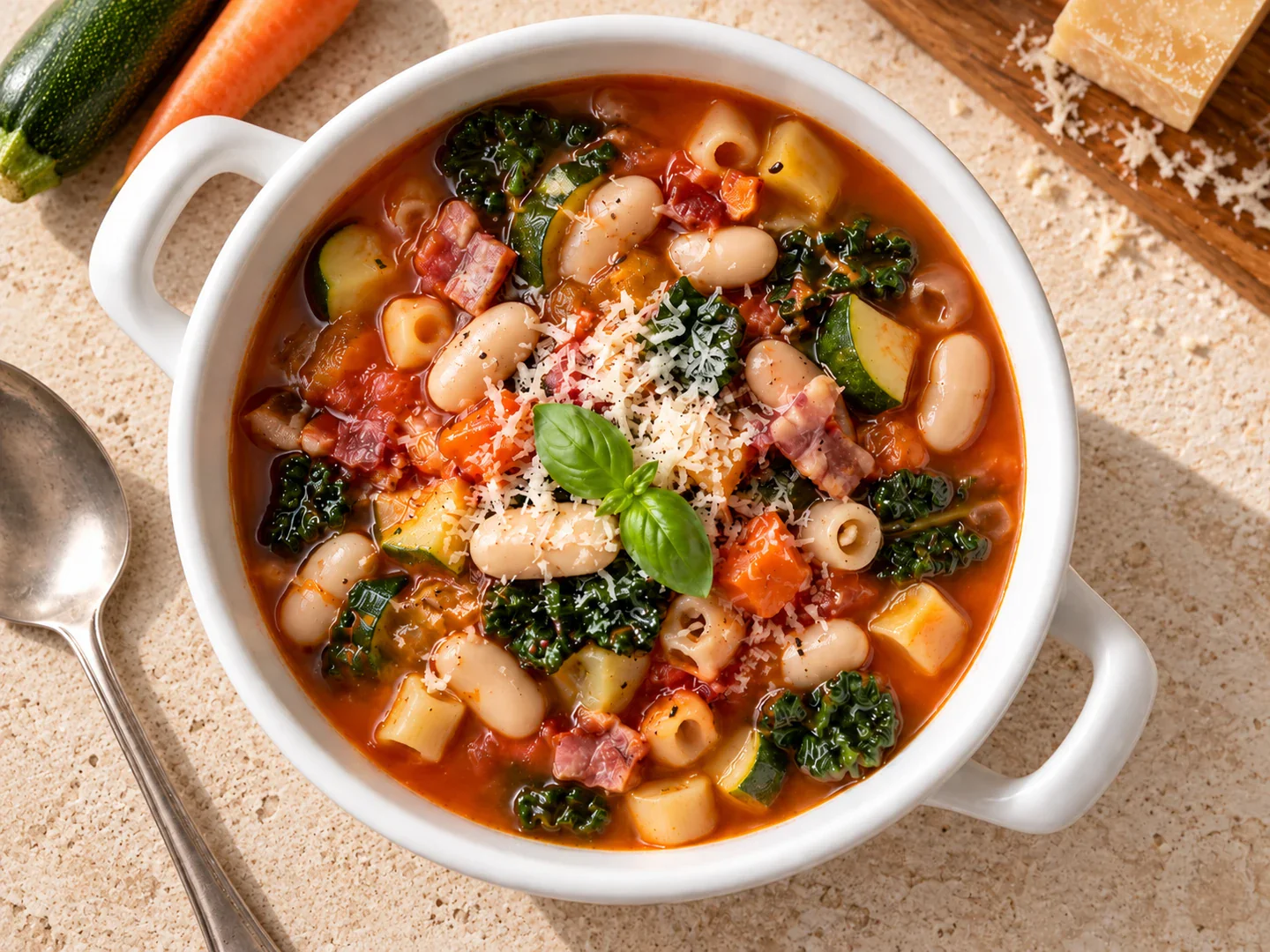 Minestrone cu legume, fasole, paste și parmezan.