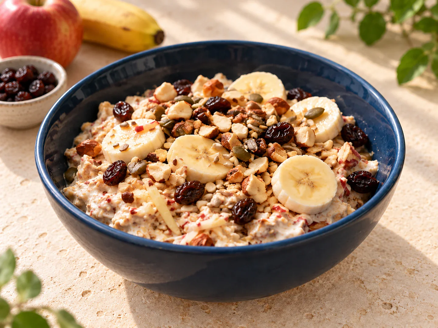 Muesli cu măr, iaurt, banane, stafide și nuci.