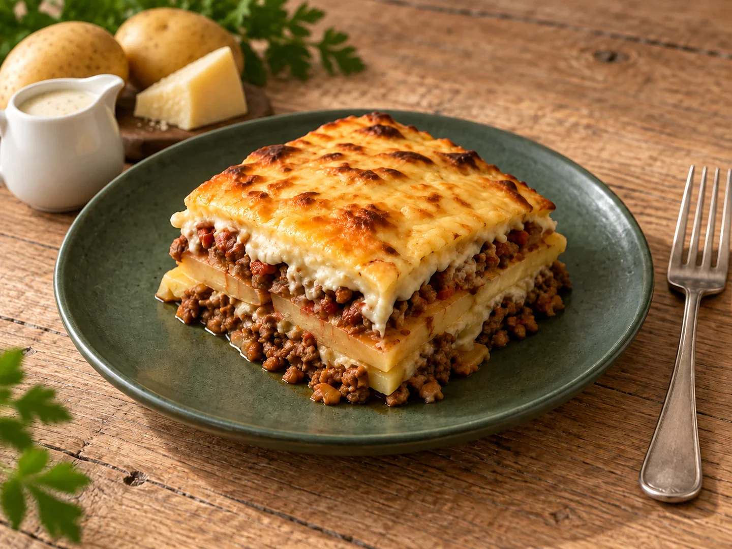 Musaca de cartofi cu carne și strat de sos alb gratinat.