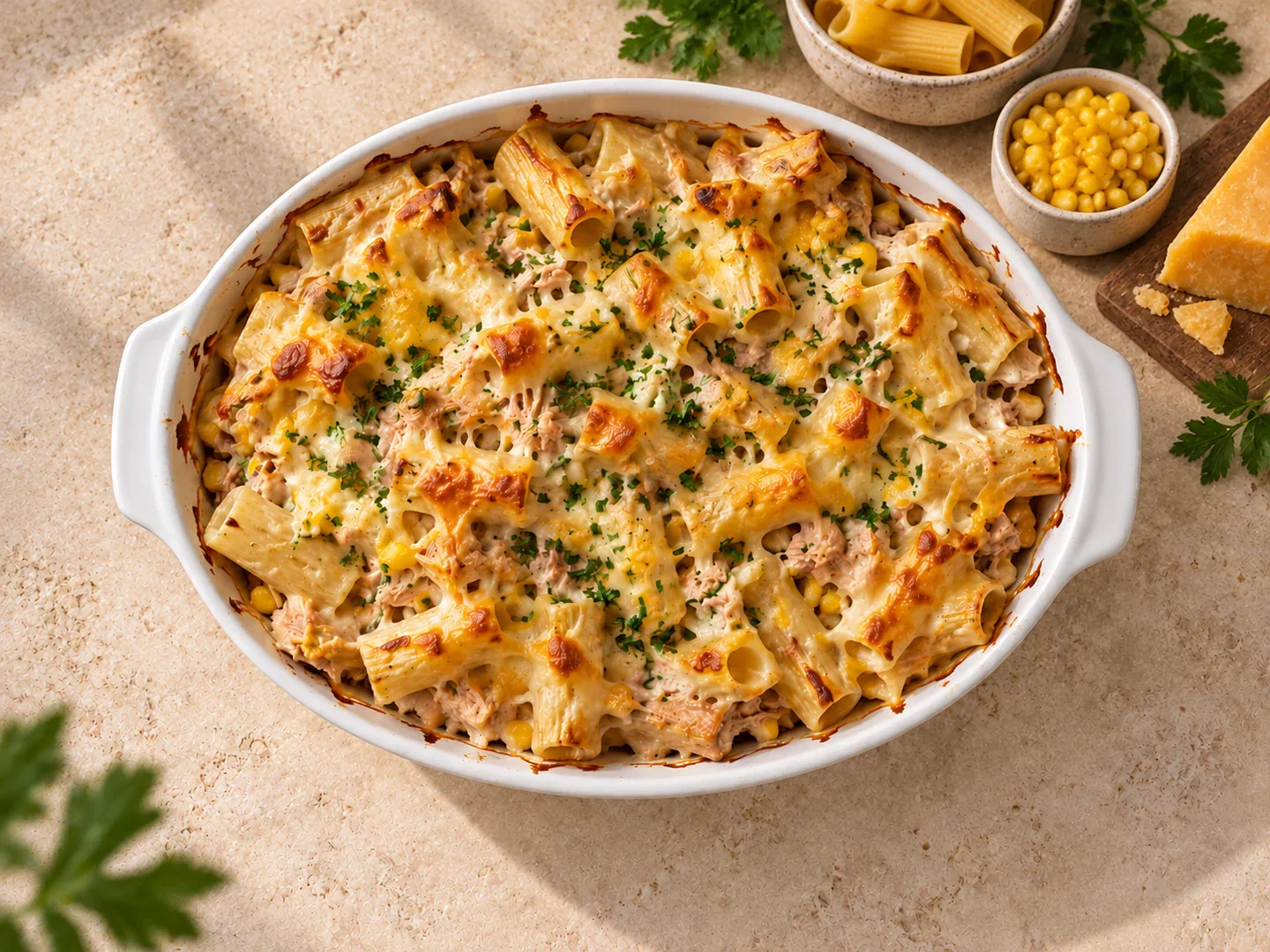 Rigatoni cu ton și porumb, gratinate cu cheddar.