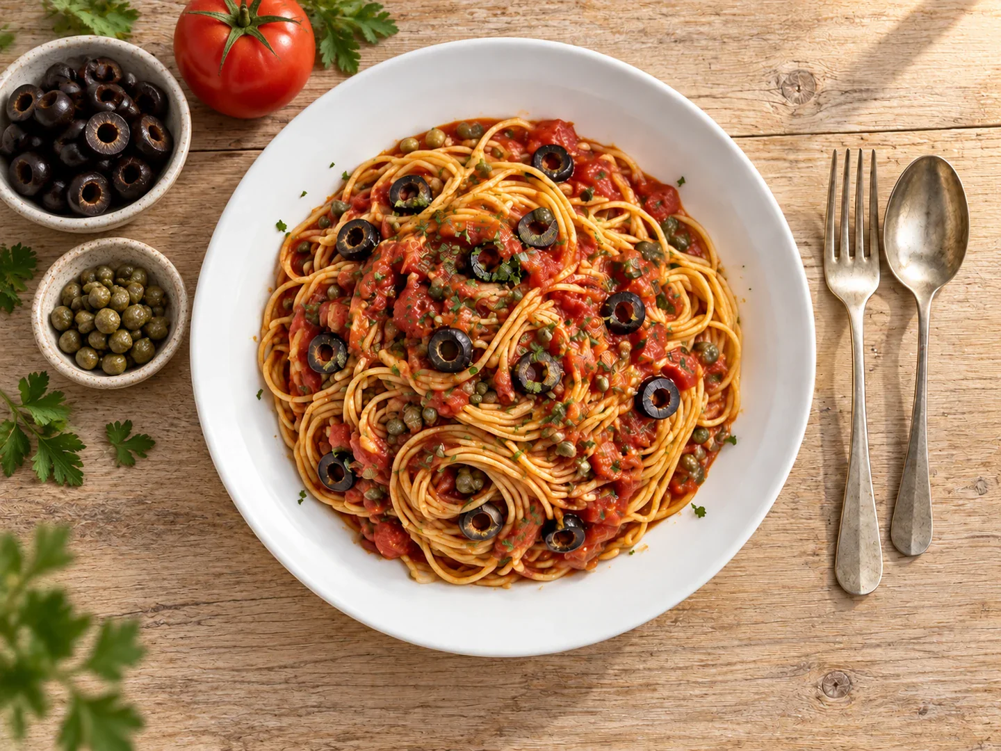 Spaghete puttanesca cu roșii, măsline negre și capere.