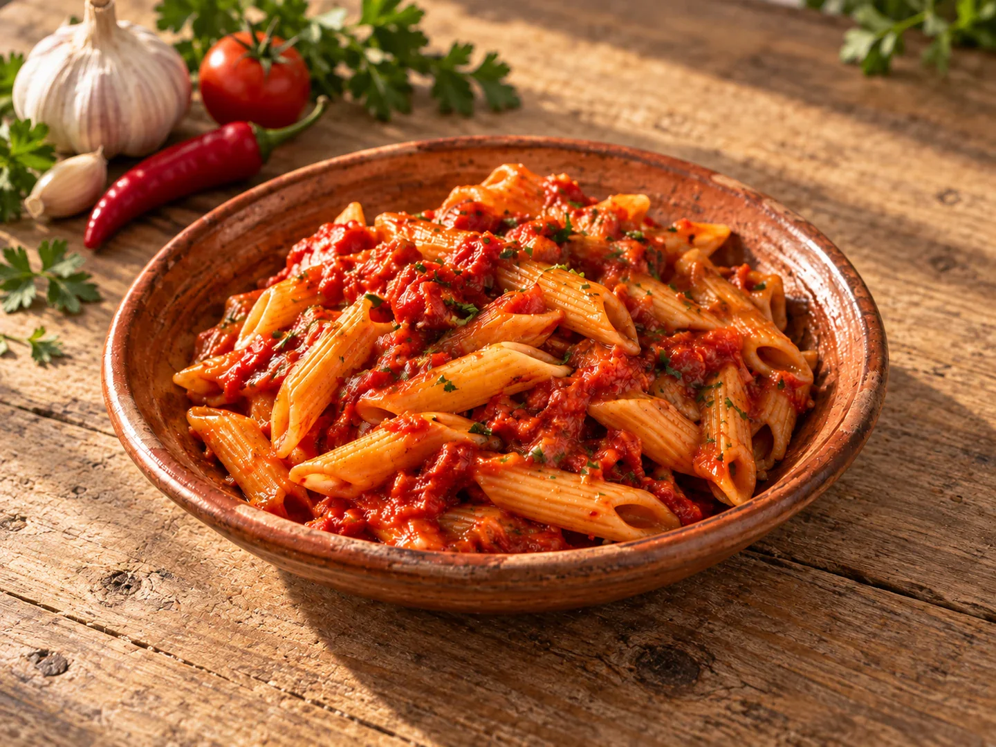 Penne arrabbiata în sos de roșii picant, cu pătrunjel