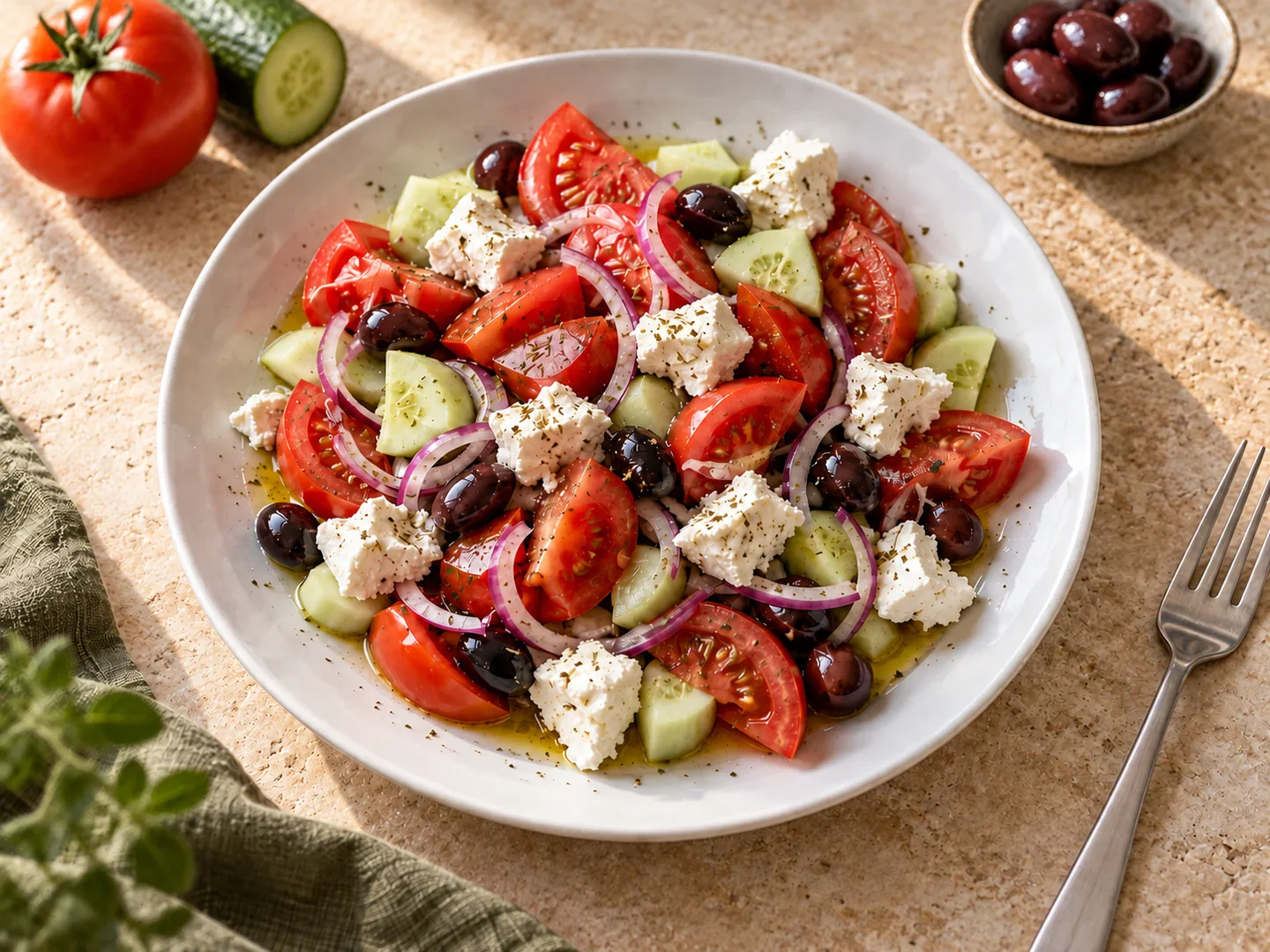 Salată grecească cu roșii, castravete, măsline și feta pe un platou alb