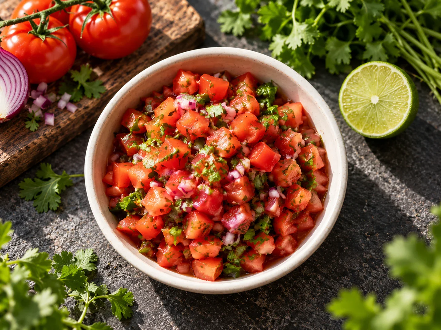 Salsa proaspătă de roșii cu ceapă și coriandru.
