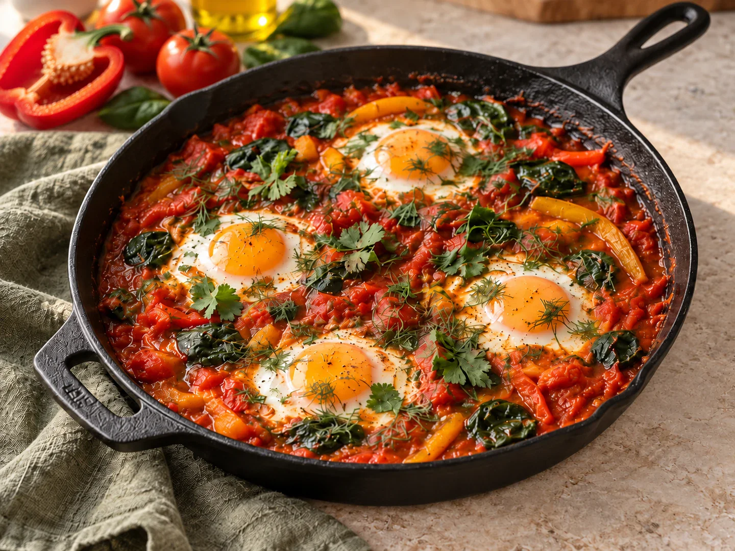 Shakshuka cu ardei, spanac și patru ouă, în tigaie.