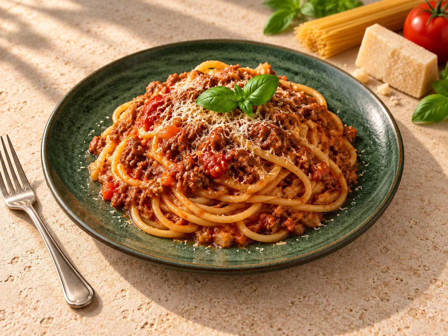 Spaghete cu sos bolognese de vită și parmezan.