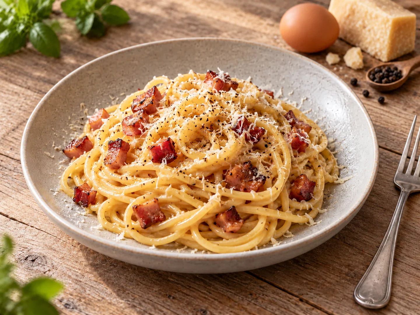 Spaghete carbonara cu pancetta, brânză și piper.