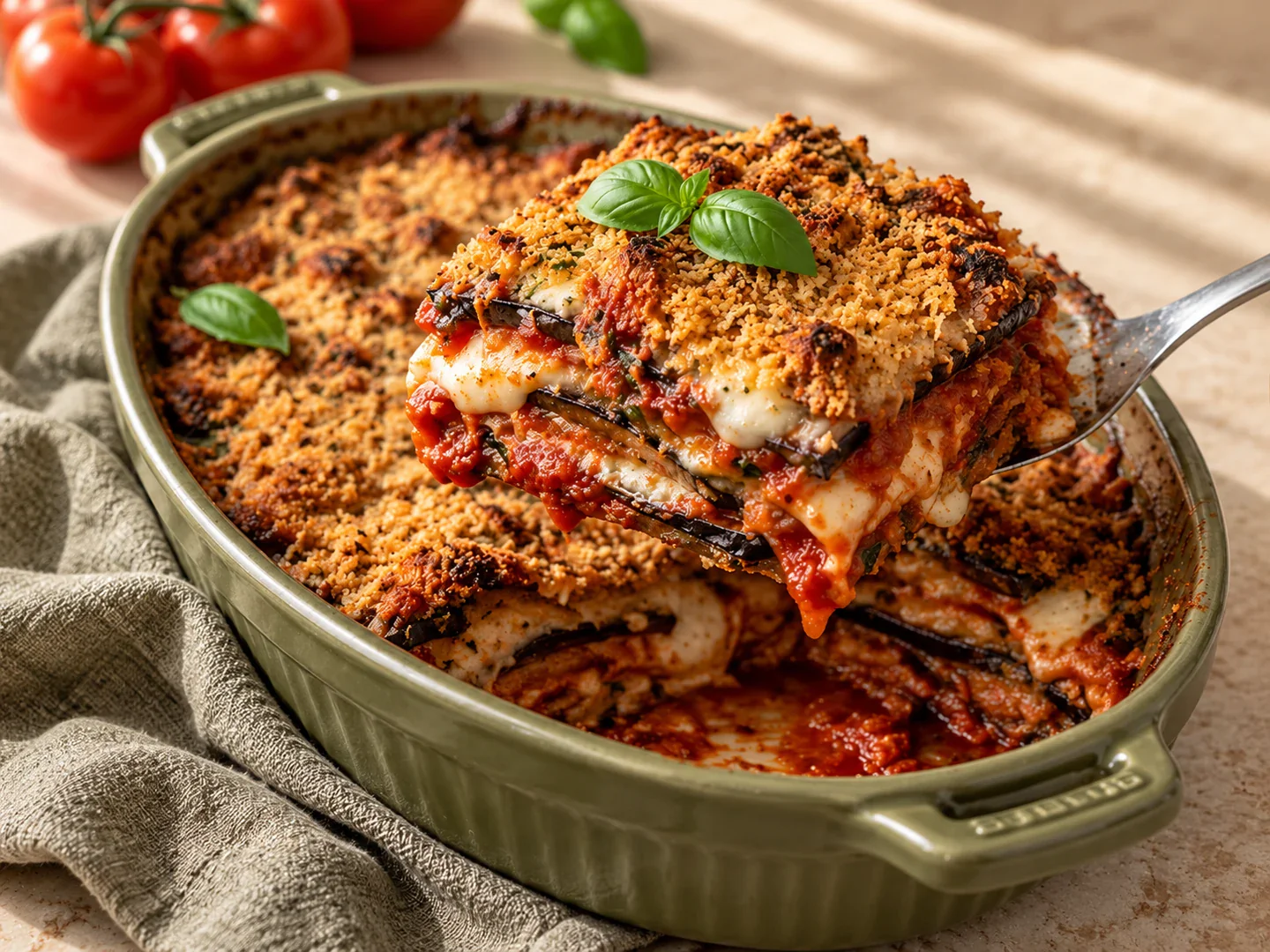 Vinete parmigiana cu sos de roșii, mozzarella și crustă rumenită de pesmet